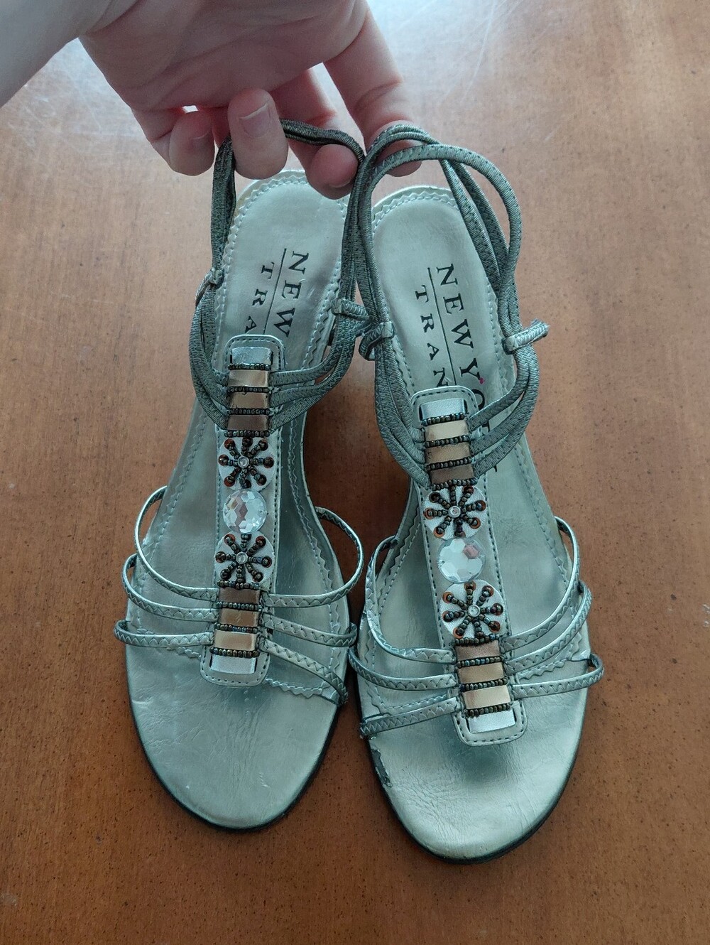 New York Transit Silver Y2K T-Strap Wedge Heel Sandals With Embellishments
